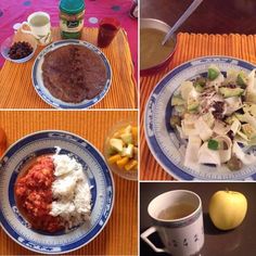 there are four pictures of different foods on the table and one has an apple in it