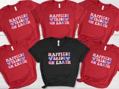 Happies Bride T-shirt, Wedding Team Shirt, Bachelorette Shirt, Bride Team Shirt, Wife Shirt, Maid of Honor Shirt, Custom Bride Shirt -----How To Order----- 1-) Please, check and review all photos 2-) Choose your t-shirt size and color *Different styles of shirts may have different shades of same color choice due to different manufacturer brands. *For this reason, we recommend you to match shirts from the same styles if you want precisely matching colors (exa. Unisex, V-neck, Tank top, etc.). 3-) Click add to cart. You can go back to add more product 4-)Click "Proceed to check out" 5-)When you check out, you can add a note to seller for any request. ---------- Product ---------- * 4.2 oz., 100% airlume combed and ringspun cotton, 32 singles. * Solid Colors:100% Airlume combed and ring-spun Maid Of Honor Shirt, Bride Team, Proud Wife, Bachelorette Shirt, Family Birthday Shirts, Bride Shirt, Wedding Team, Bride Shirts, Team Shirt