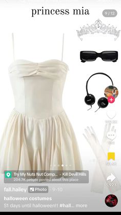 the dress is white and has black accessories on it, including headphones, sunglasses, and necklaces