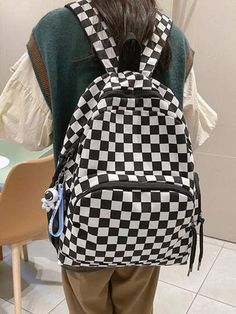 Black And White Backpack, Elegant Backpacks, Preppy Bags, Simplicity Fashion, Functional Backpack, Floral Backpack, Checkered Print, Checker Print, Backpack Women