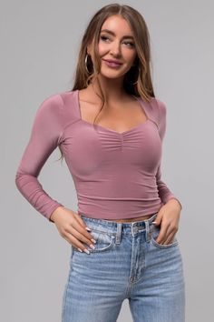 Fitted Ruched Scoop Neck Top, Pink Long Sleeve Seamless Top, Stretch Ruched Scoop Neck Tops, Colorful Dresses Casual, Bandeau Swimwear, Black Sweater Dress, Swimwear Trends, Cropped Flare Jeans, Casual Wedding Dress