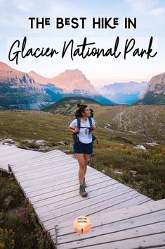 a woman hiking on a wooden path with the words hiking hidden lake overlook trail above her