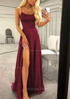 A Line Bateau Spaghetti Straps Sweep Train Charmeuse Prom Dress Outfits For Women With Split Wedding Dresses Near Me, Satin Prom Dresses, Prom Dresses 2018, V Neck Prom Dresses, Corset Dress Prom, Satin Prom Dress, Evening Formal, Linnet, Hoco Dresses