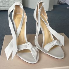 Brand New Never Worn Heels! Great For A Bride! Designer Wedding Heels With Sculpted Heel, Modern 4-inch Heel Wedding Heels, White Leather Heels For Events, Wedding Heels With Open Heel, Modern Wedding Heels With Wrapped Heel, Luxury Wedding Shoes With Block Heel And Heel Strap, Brown Platform Sandals, Black Sandals Flat, Caged Heels