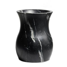 a black marble vase is shown against a white background