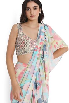 Multicolored pre-draped floral euphoria ruffled saree. Paired with a mirror embroidered blouse. - Aza Fashions Ruffled Saree, Payal Singhal, Drape Saree, Blouse For Women, Dyeing Process, Saree With Blouse, Printed Sarees, Embroidered Blouse, Aza Fashion