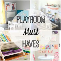 a collage of photos with the words playroom must haves written on them