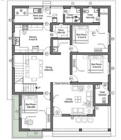 the floor plan for a two story house with three bedroom and an attached kitchen area