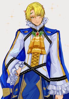 an anime character dressed in blue and gold