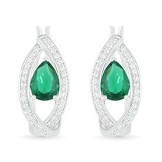 These 7.0 x 5.0mm pear-shaped lab-created emerald and petite round lab-created white sapphire-lined marquise-shaped orbit-style framed hoop earrings are set in sterling silver and secure with latch backs. Elegant Small Hoop Green Earrings, White Gold Gemstone Hoop Earrings, Elegant Green Huggie Earrings, Formal Silver Gemstone Hoop Earrings, Fine Jewelry Teardrop Gemstone Hoop Earrings, Classic Sterling Silver Gemstone Hoop Earrings, Teardrop Gemstone Hoop Earrings In Fine Jewelry Style, Classic Sterling Silver Hoop Earrings With Gemstone, Fine Jewelry Green Sterling Silver Hoop Earrings