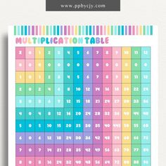 a multicolored printable table with numbers and times for each number on it