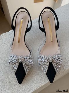 Olivia Mark - Stylish Womens Black Pointed Toe Slingback Party Shoes with Kitten Heel, Rhinestones, and Bow Accent Thigh High Boots Summer, Vintage Shoes Men, Spike Shoes, Black Kitten Heels, Cute Shoes Heels, Groom Shoes, Party Pumps, Stunning Shoes, Black Pumps Heels