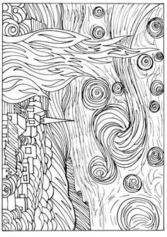 a coloring page with an image of a tree and swirls in the sky on it