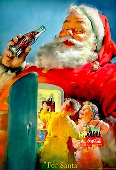 a painting of santa claus holding a bottle of coca - cola in his right hand