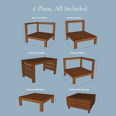 six plans for a wooden coffee table with drawers and tables below the table are labeled