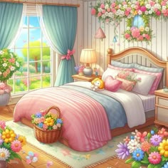 a painting of a bedroom with flowers on the wall