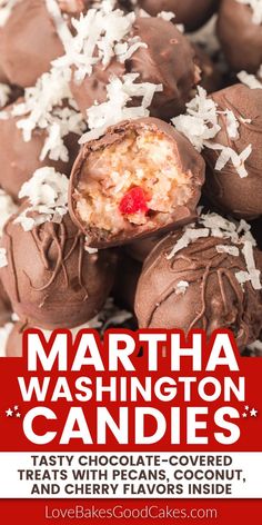 Martha Washington Candies pin collage Martha Washington Candy, Chocolate Pecans, Christmas Cookie Exchange Recipes, Cookie Exchange Recipes, Martha Washington, Chocolate Covered Treats, Christmas Candy Recipes, Homemade Candies