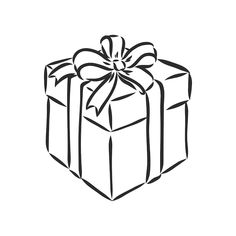 a black and white drawing of a gift box with a bow on it's top