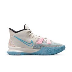 the nike kd trey basketball shoe is shown in white and blue with pink accents