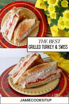 the best grilled turkey and swiss sandwich is on a red plate with yellow flowers