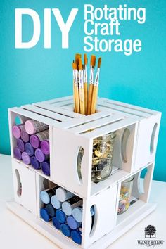 the diy rotating craft storage is filled with crayons