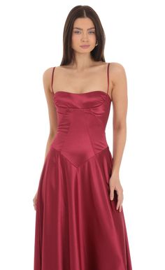 Satin Square Neck Maxi Dress in Maroon Satin A-line Slip Dress For Night Out, Satin A-line Corset Dress With Corset Back, Fitted Satin Dress With Adjustable Straps For Evening, Silk Mini Dress With Satin Finish And Fitted Bodice, Chic Satin Mini Dress With Straps, Chic Sleeveless Silk Corset Dress, Satin Slip Dress With Straps In Mini Length, Satin Mini Slip Dress With Straps, Satin Corset Dress With Sweetheart Neckline And Straps