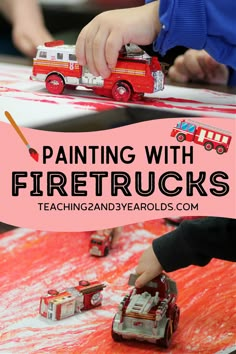 kids are painting with firetrucks on paper and then using them to make their own cars