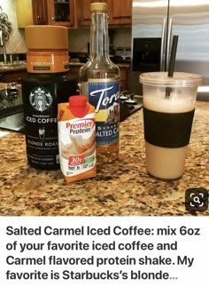 the coffee is next to some drinks on the counter