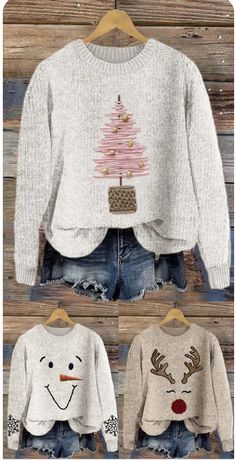 two sweaters with christmas trees on them, one in white and the other in grey