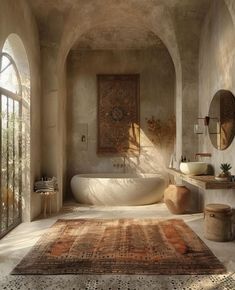 a bath room with a large rug on the floor next to a sink and tub