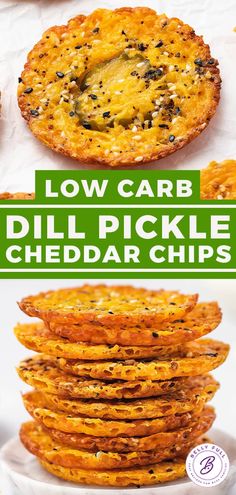 low carb dill pickle cheddar chips stacked on top of each other