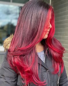 Multi Colored Red Hair, Funky Red Hair, Dark Hair With Red Underneath, Red And Brown Hair Ideas, Two Tone Red Hair Color Ideas, Bright Red Balayage Hair, Pink And Burgundy Hair, Cherry Red Hair With Blonde Highlights, Two Tone Red Hair