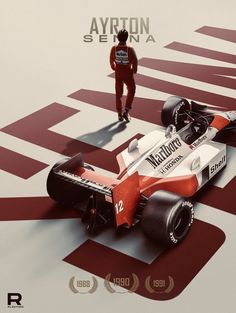 a man standing next to a racing car on top of a red and white floor