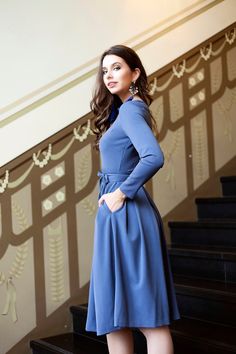 Blue dress with side pockets ➤ Features > Dress length: 99cm (38,97'') - 102cm (40,15'') > Long sleeves > Rounded neckline > Folds in skirt part > Zipper on the back ➤ Sizing My Size Guide in FAQ section below will help you define the perfect size match. The item can also be made according to your measurements - just message them to me. ➤ Delivery Your item is made-to-order and will be ready within 2-7 days. Average delivery times: > North America: up to 1-2 weeks > New Zeal Blue A-line Dress For Fall, Blue Full Skirt Dress For Party, Blue Full Skirt Party Dress, Fitted Full Skirt Dress For Fall, Blue Fit And Flare A-line Maxi Dress, Blue Fit And Flare Midi Dress Knee-length, Blue A-line Fit And Flare Midi Dress, Blue Knee-length Fit And Flare Midi Dress, Blue Fit And Flare Midi Dress For Evening