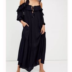 New With Tags Black Off-shoulder Maxi Dress With Ruffles, Black Off-shoulder Maxi Dress For Vacation, Black Ruffled Midi Dress For Beach, Black Bohemian Midi Dress With Ruffles, Black Ruffled Maxi Dress For Day Out, Black Cold Shoulder Dress, Crochet Summer Dresses, Embroidered Midi Dress, Lace Slip Dress