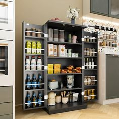 a kitchen filled with lots of different types of food and drinks on shelving units