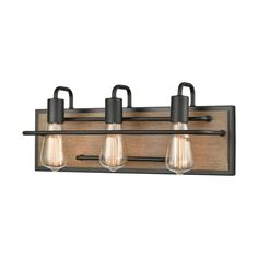 three light bathroom vanity fixture with black metal and wood finish, two bulbs on each side