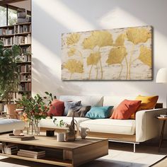 a living room filled with furniture and a painting on the wall above it's coffee table