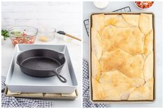 an image of two pans with food in them and one has a cast iron skillet