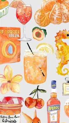 an image of various alcohols and food items on a white background with watercolor