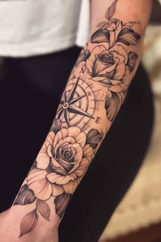 #tattoo #tattoos #tattooart #tattoodesign #tattoodesign #tattoogirl #tattoosleeve #tattooflower Shoulder Sleeve Tattoos For Women Unique, Feminine Compass Tattoo, Filler Tattoos, Quarter Sleeve Tattoos, Floral Thigh Tattoos, Tattoos For Women Half Sleeve, Weird Tattoos, Shoulder Tattoos For Women