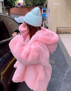 Pink Hooded Winter Outerwear, Trendy Fluffy Long Sleeve Outerwear, Pink Fluffy Winter Outerwear, Oversized Warm Outerwear For Spring, Warm Pink Winter Outerwear, Fluffy Hooded Cozy Outerwear, Cozy Fluffy Hooded Outerwear, Fluffy Long Sleeve Outerwear For Cold Weather, Pink Fluffy Long Sleeve Outerwear