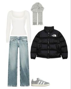 Outfit Idea School, North Face Jacket Outfit, Jeans Gris, Outfit Inso, Trip Outfits, Clothes Pictures, Des Baskets