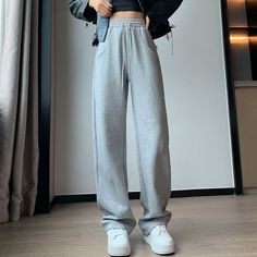 Casual Elastic Waist Wide Leg Gray Sweatpants  Material: Cotton  Size: XS, S, M, L, XL, 2XL Color: Light Gray, Black Pants Type: Wide Leg Pants Style Type: Street Trendy  Season: Spring, Fall, Winter,   Occasion: Leisure, Outdoor, Daily, Vacation, Fall Outfits Trendy Straight Sweatpants For Winter, Trendy Straight Leg Sweatpants For Winter, Sporty High Waist Winter Pants, High Waist Casual Pants For Winter, Casual High Waist Pants For Winter, Casual Wide Leg Pants With Elastic Waistband For Winter, Winter High-waisted Cotton Sweatpants, Casual High-waisted Sweatpants For Winter, Wide Leg Sweatpants With Side Pockets For Winter