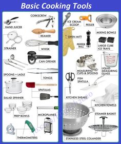 two pictures showing different types of cooking tools and their names in english, french or spanish