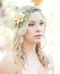 This woodland head piece is a lovely addition to your outdoor wedding...or a garden party accessories Beautiful braided head band top with vintage millinery rust/green velvet leaves and ivory berries gather all around, it feature a beautiful ivory pine cone rose as center piece. Name: Harvest Dream Woodland Wedding Hair, Hobbit Wedding, Rose Headpiece, Floral Hair Wreath, Bridal Head Piece, Bride Head, Boho Bridal Hair, Blue Hair Accessories, Bride Crown