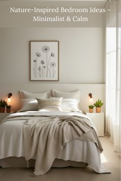 a bed with white sheets and pillows in a bedroom