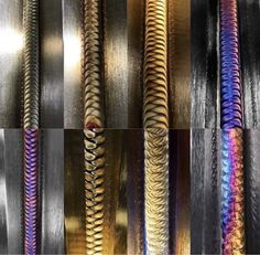 several different colored braids are shown in multiple rows on the same metal surface,