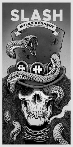 a poster with a skull wearing a hat and snake on it's head, in black