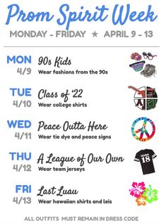 a poster with the words prom spirit week on it